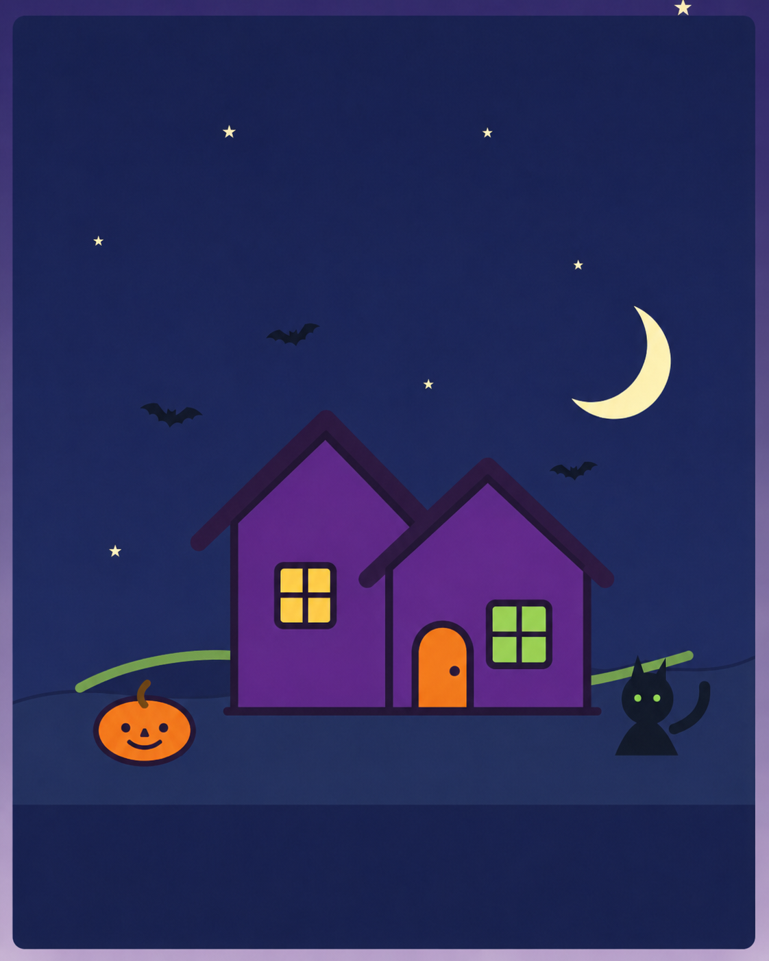 Friendly haunted house with a moon, pumpkins, bats, and glowing windows