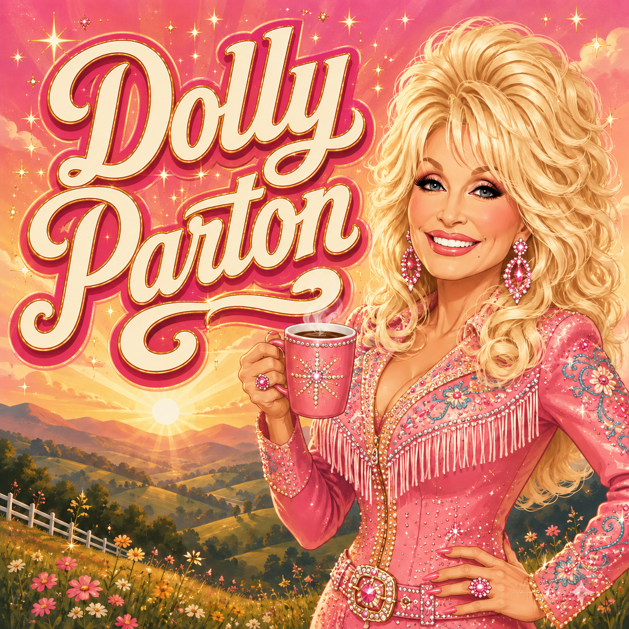 Colorful Dolly Parton title artwork with mountains and sparkles