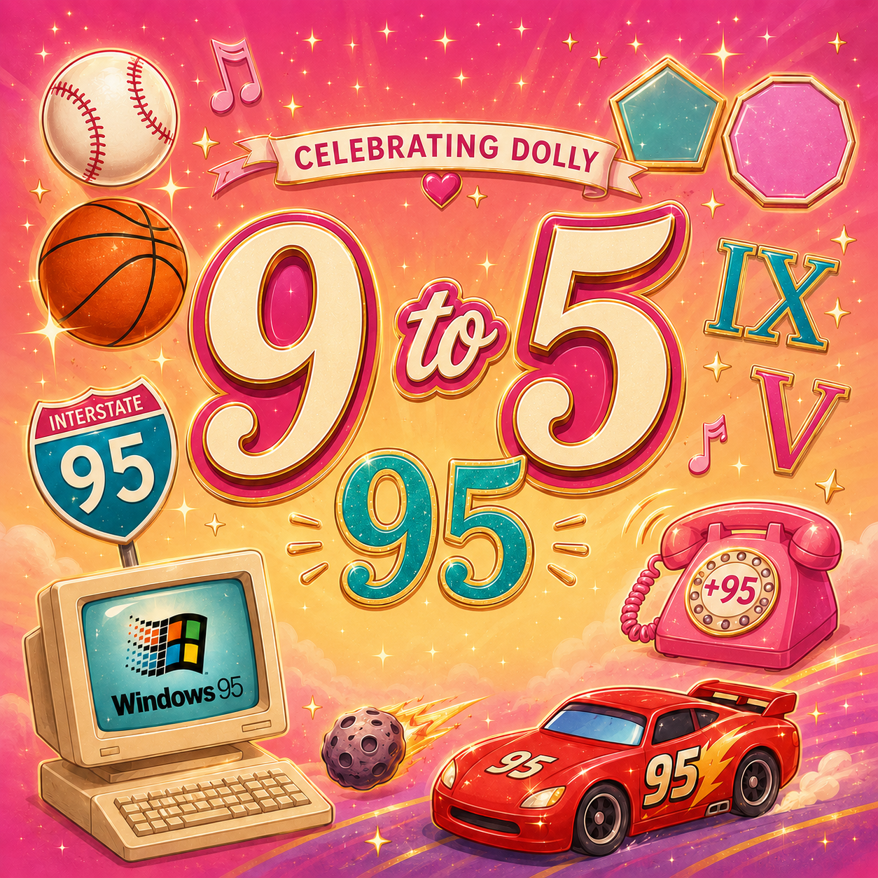 Colorful 9 to 5 challenge artwork with the numbers 9, 5, and 95