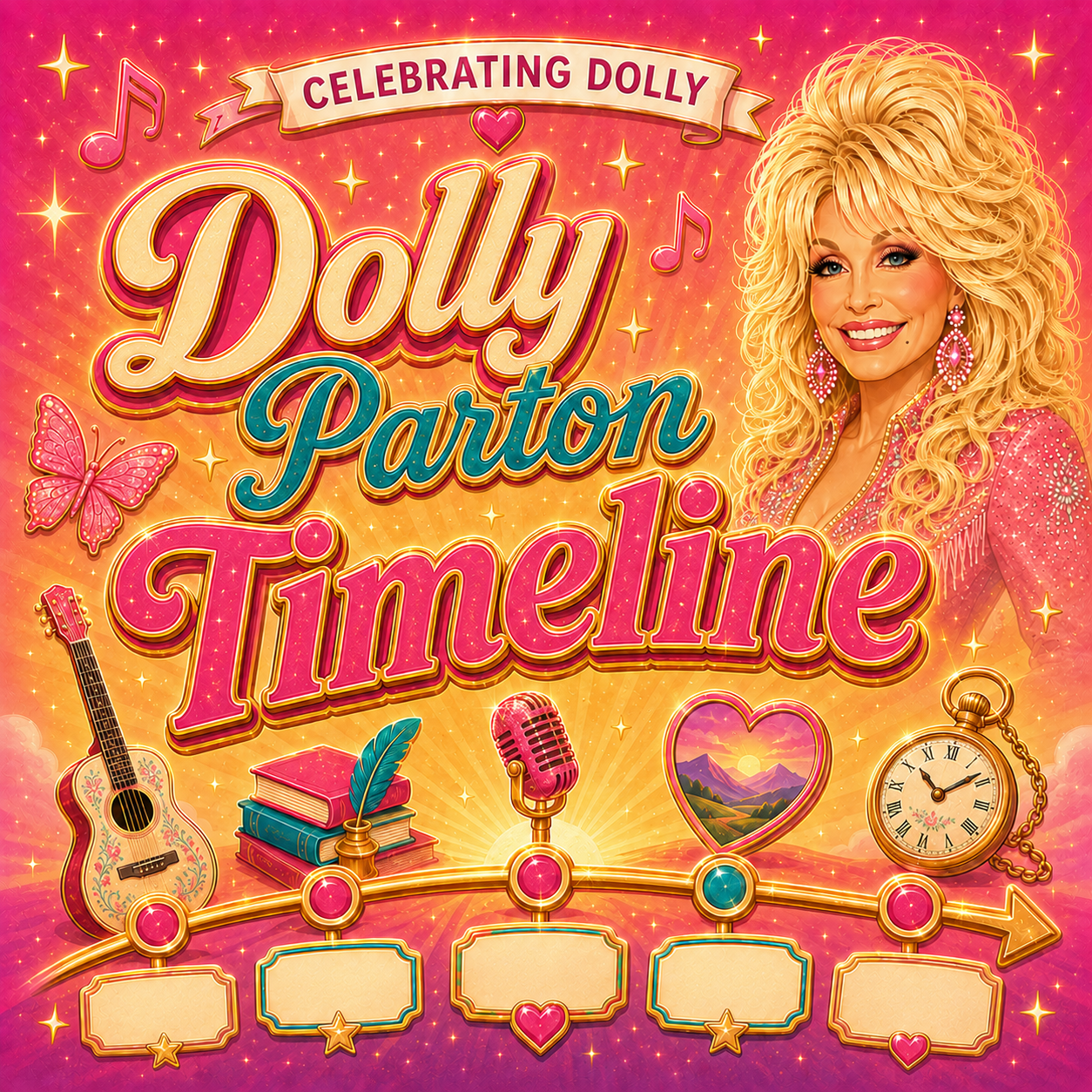 Colorful Dolly Parton Timeline challenge artwork