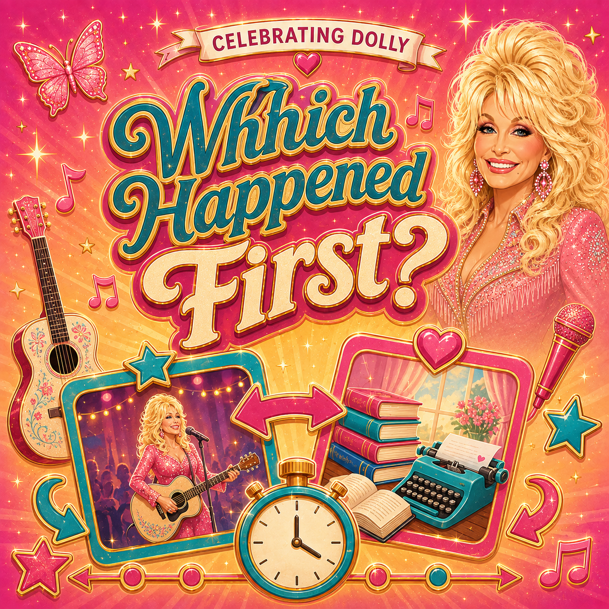 Colorful Which Happened First challenge artwork with Dolly timeline symbols